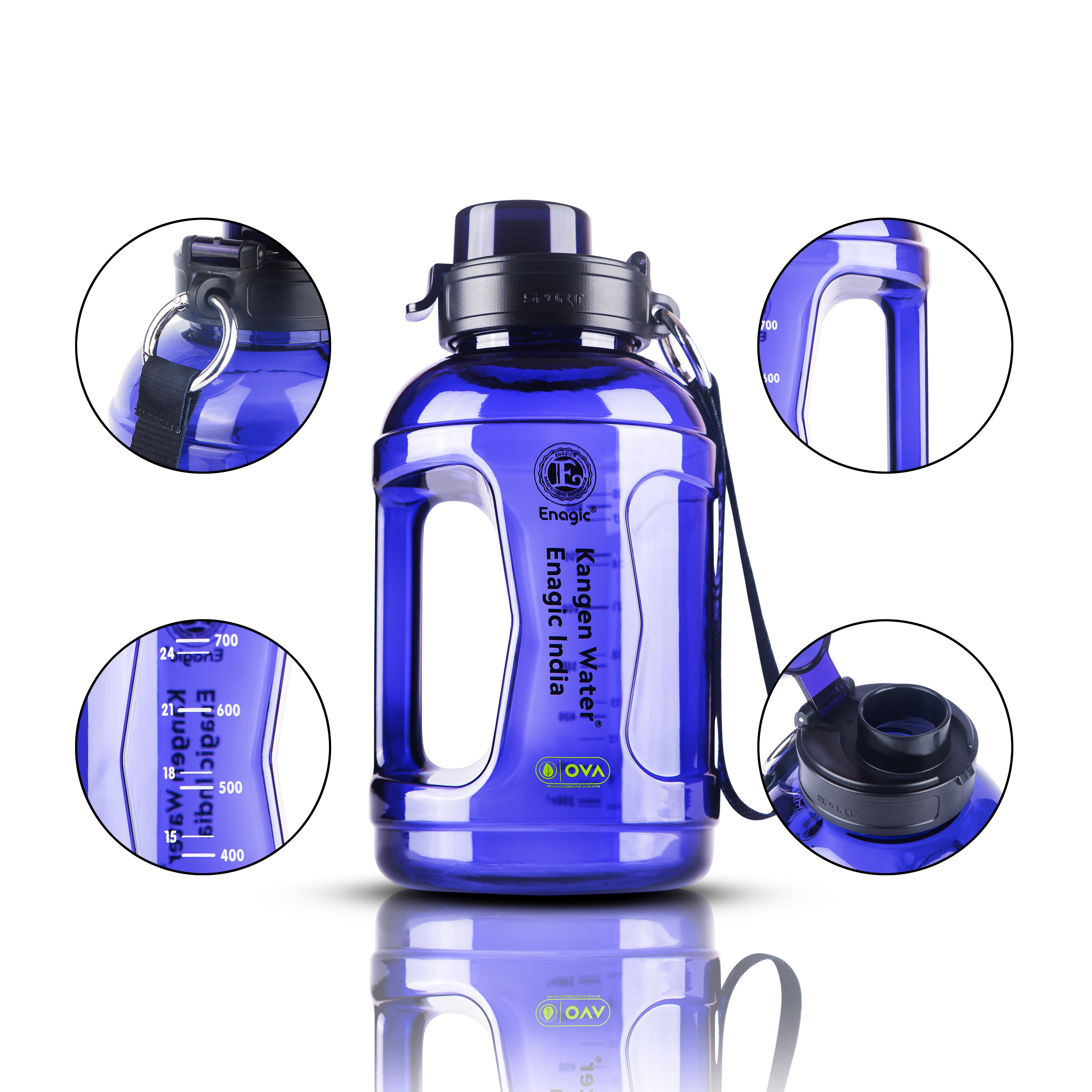 Enagic Kangen 1500ml Round Tritan Water Bottle – Large Sipper Bottle with Strap Holder | BPA-Free, Leakproof, Durable & Reusable