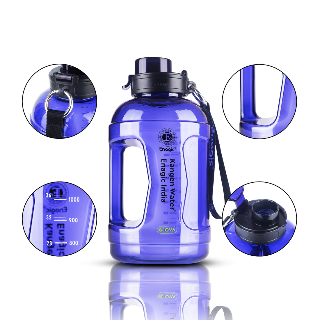 Enagic Kangen 1000ml Round Tritan Water Bottle – Sipper Lid with Strap Holder & Handle | BPA-Free, Leakproof, Reusable