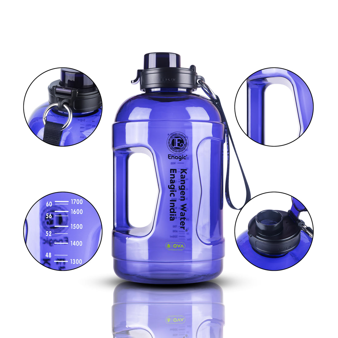 Enagic Kangen 2200ml Round Tritan Water Bottle – Extra-Large Sipper Bottle with Strap Holder | BPA-Free, Leakproof, Durable & Travel-Friendly